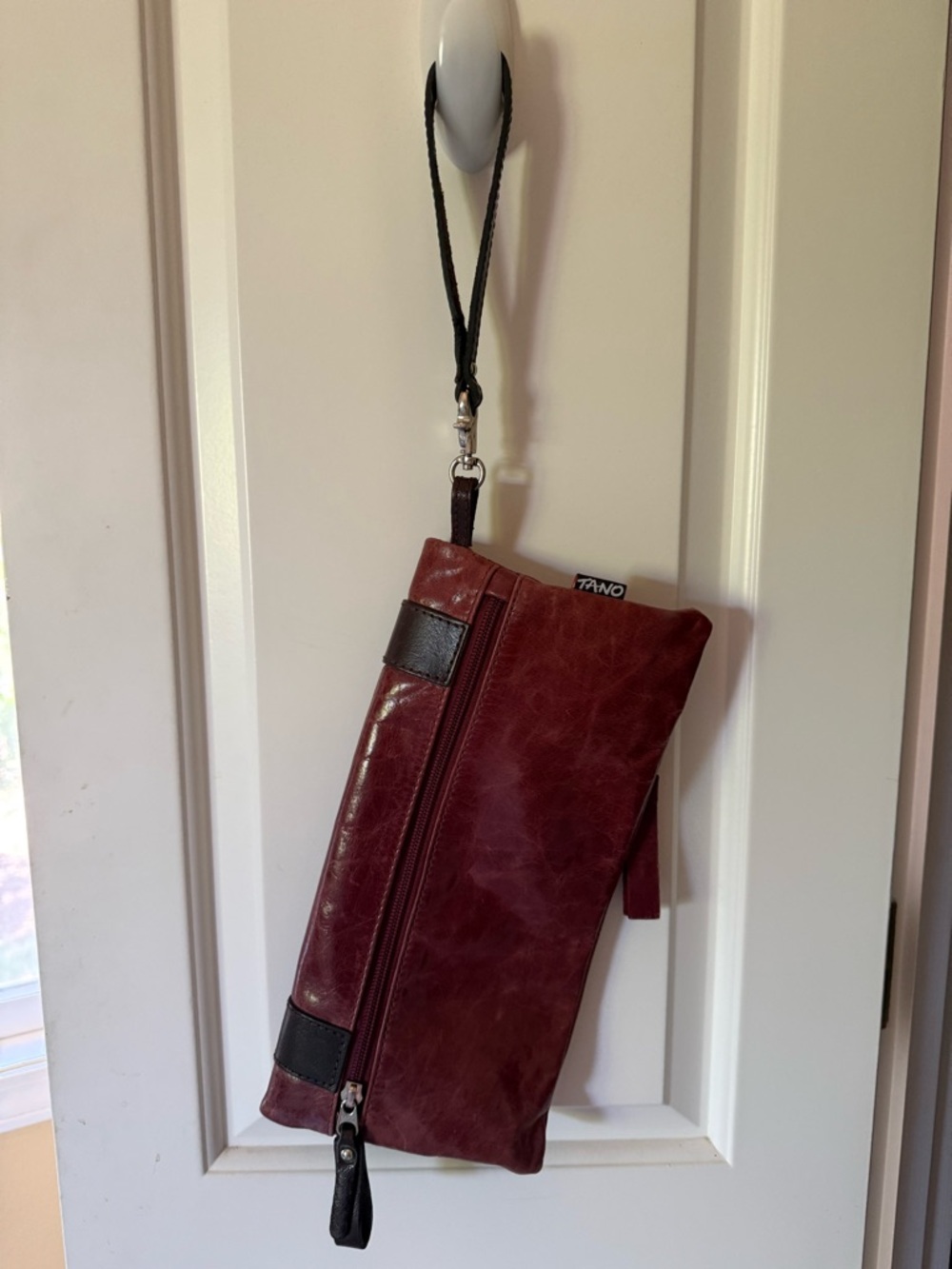 TANO Burgundy Leather clutch Bag with Buckle Detail - Picture 3 of 3